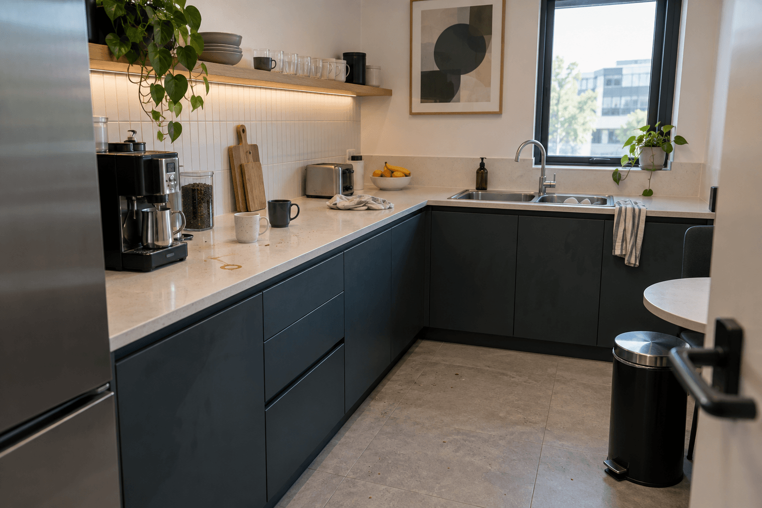 Illustrative view of the same office kitchenette before cleaning